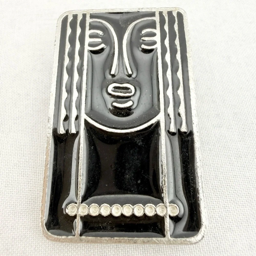 Vintage '70s Charles of the Ritz Pewter Brooch Pin/Pendant Black Enamel Art Deco